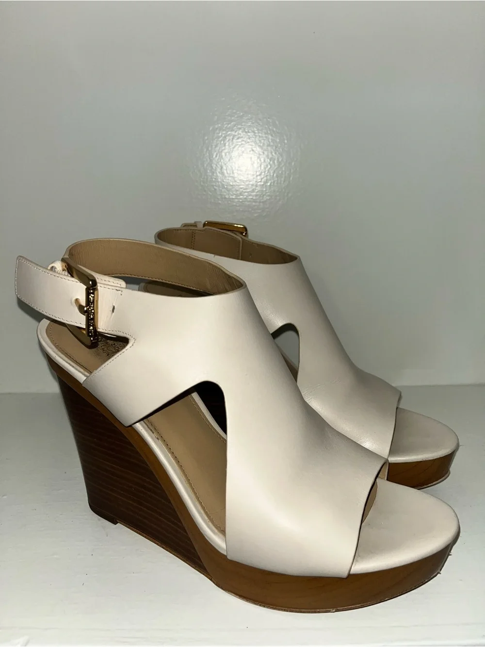 Michael Kors Cream Leather Wedge Sandals with Wood Platform